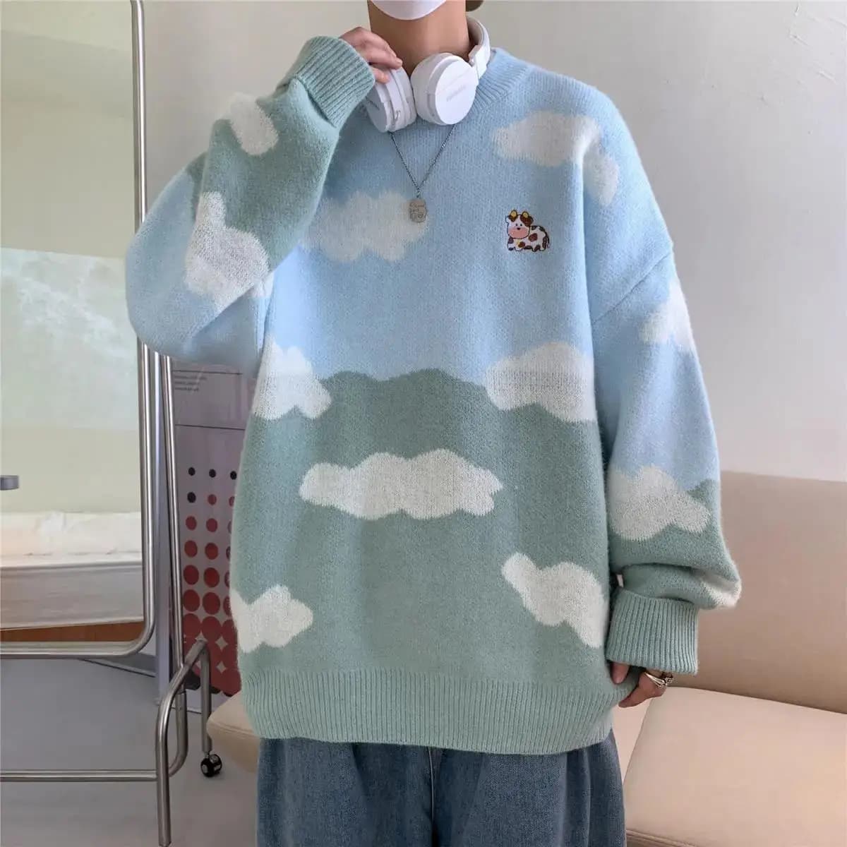 Pull bleu ciel pour femme, imprimé vache mignon, mode nuages, vêtements d'hiver, couples respirants,