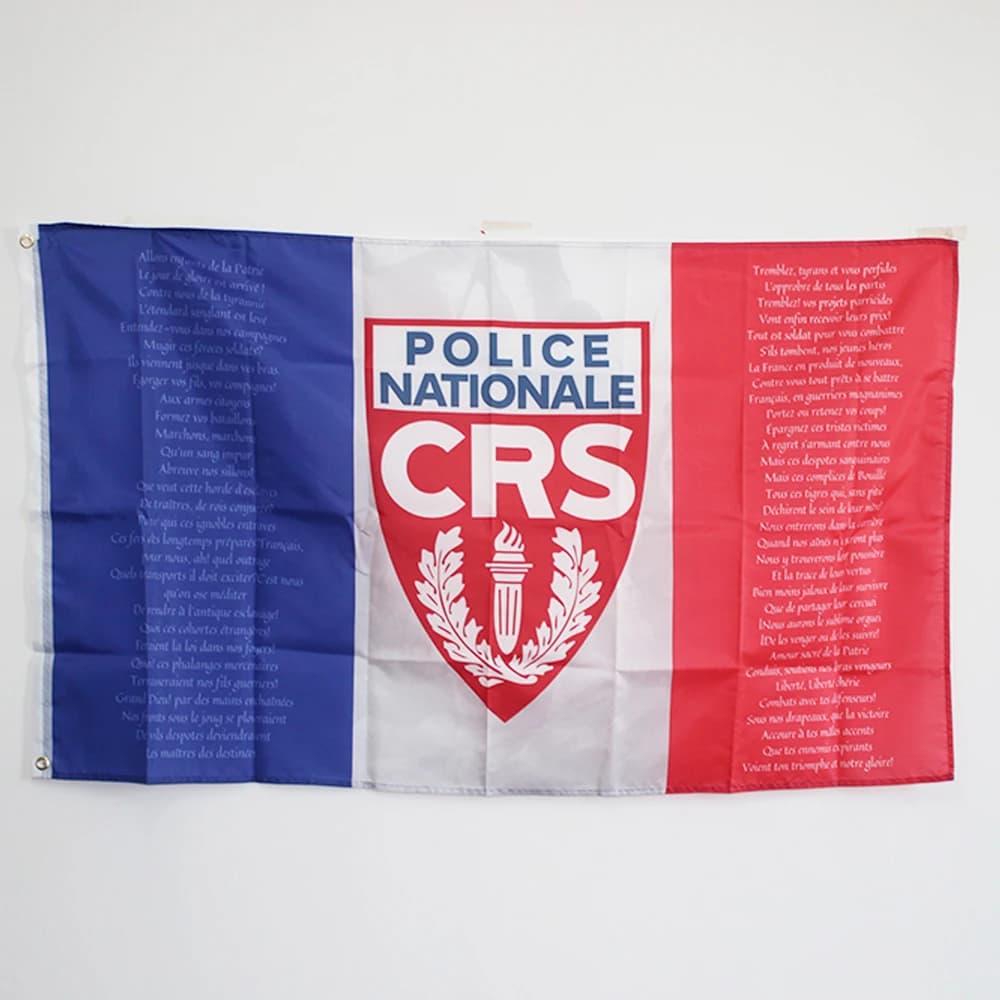Drapeau de la France avec l'anthème national de la Marseille et le blason de la police nationale CRS