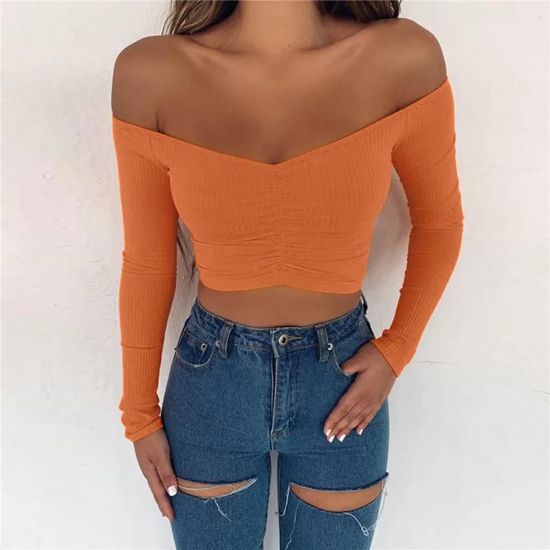 Hors épaule haut court femmes été à manches longues t-shirt col en V t-shirt élégant fête Club t-shi