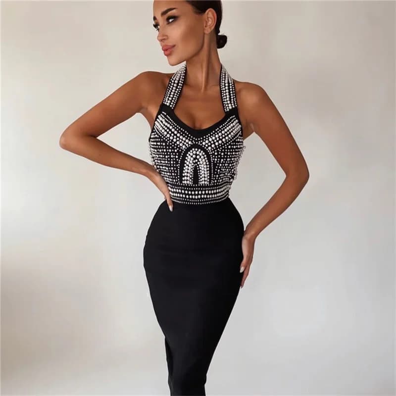Robe de soirée de célébrité, haut de gamme, blanc, noir, Sexy, épaules dénudées, sans manches, perle