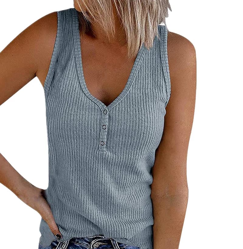 T-shirt col en V pour femme, estival et sexy, estival et décontracté, avec boutons, couleur unie