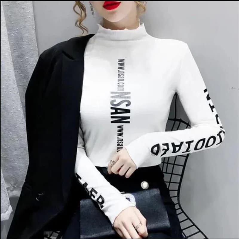 T-shirt à col mi-haut élastique pour Femme, haut chaud avec lettres imprimées, Streetwear, automne h