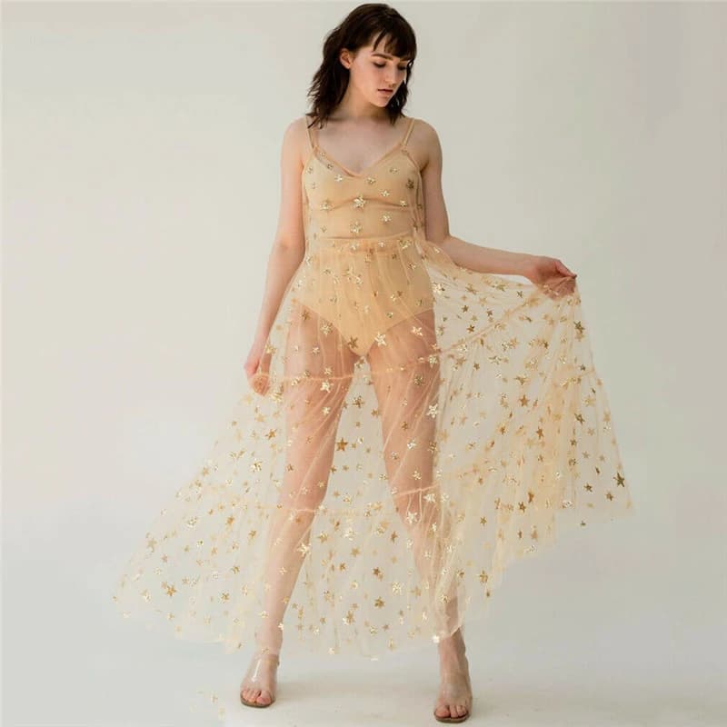 Robe longue en tulle pour femmes, bretelles spaghetti, transparente, douce, à la mode, bling bling, 