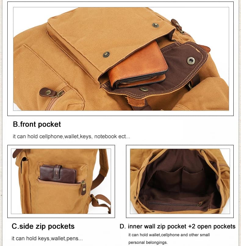 Sac à dos militaire en cuir vintage pour hommes et femmes, sac d'école en toile, sac à dos avec cord