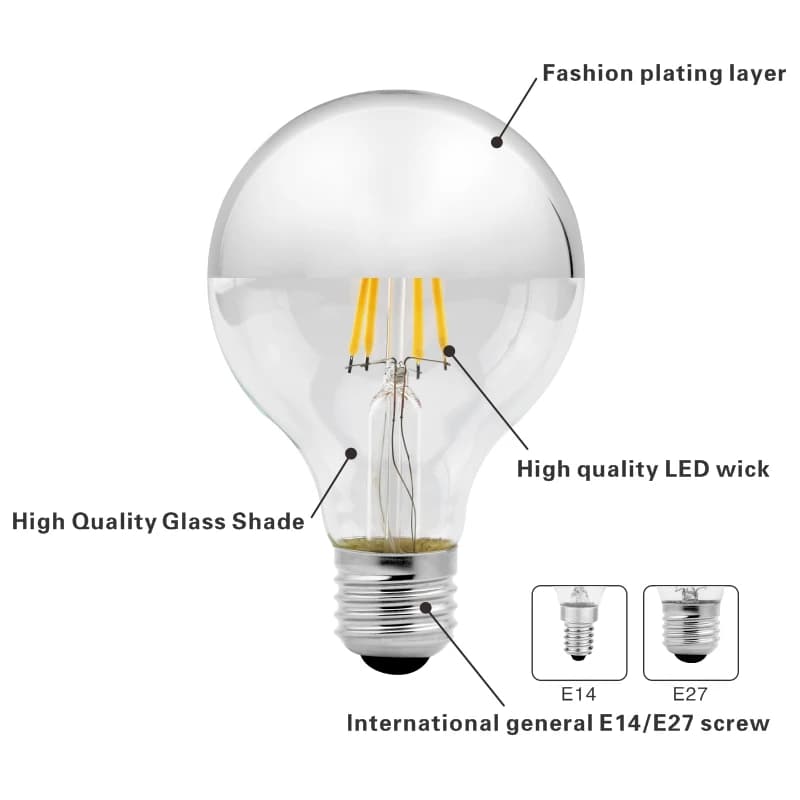 Miroir argent rétro Edison ampoule LED E14 E27 4W G45 A60 ST64 G80 G95 Vintage Filament Lampada lamp
