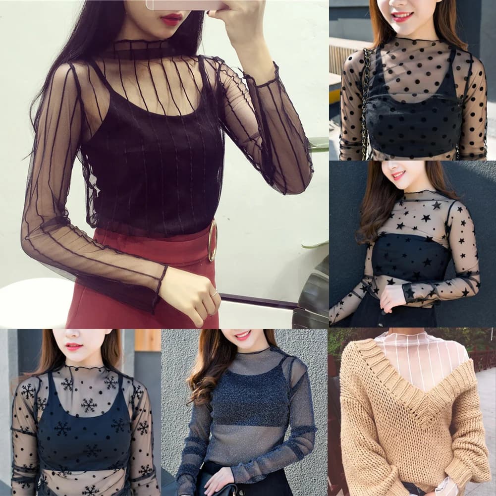 T-shirt transparent en maille évidée pour femme, sous-vêtement sexy, haut de base étoile, vêtements 