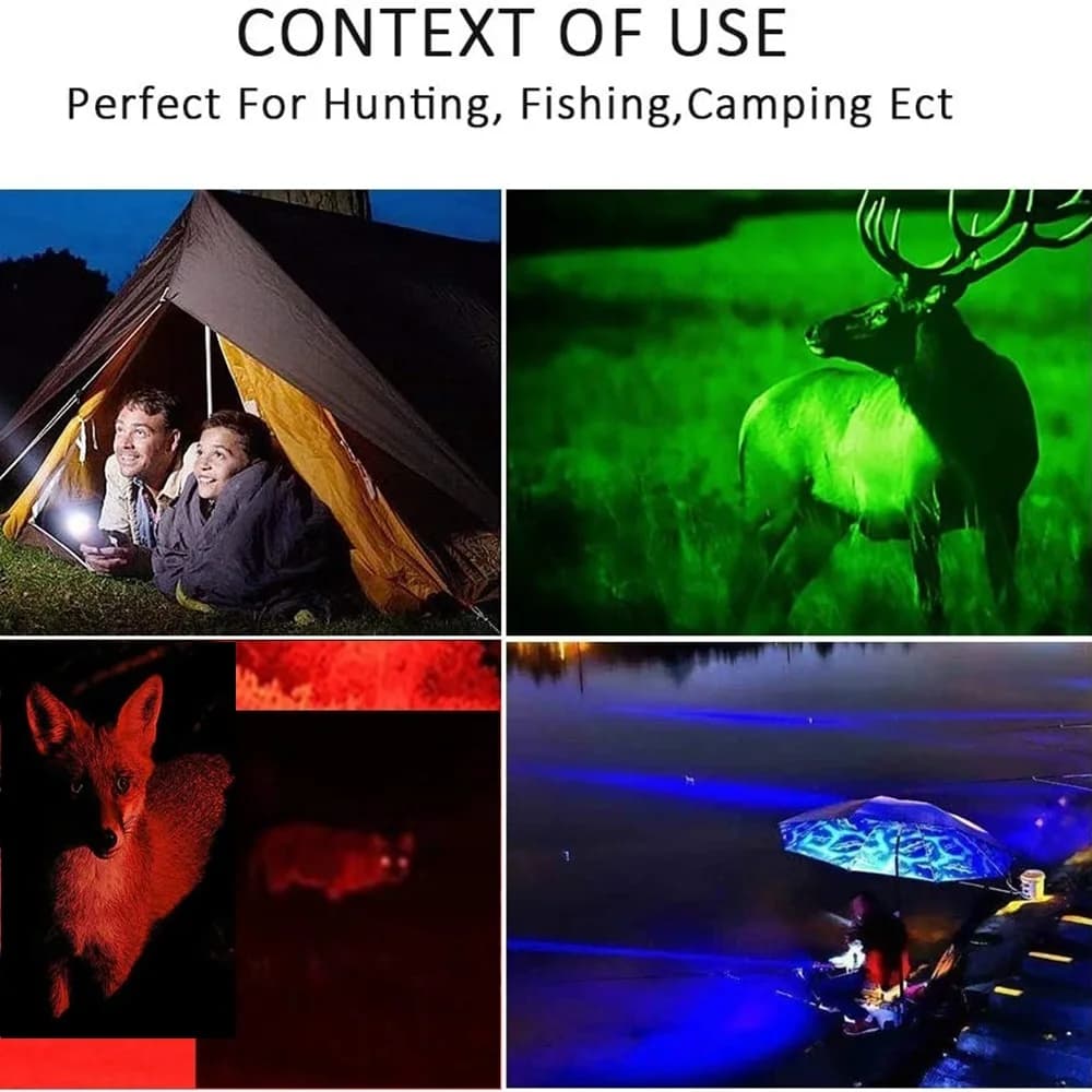 Zoomable 4 couleurs lumière blanc/rouge/vert/bleu lampe de poche LED USB charge pêche Camping chasse
