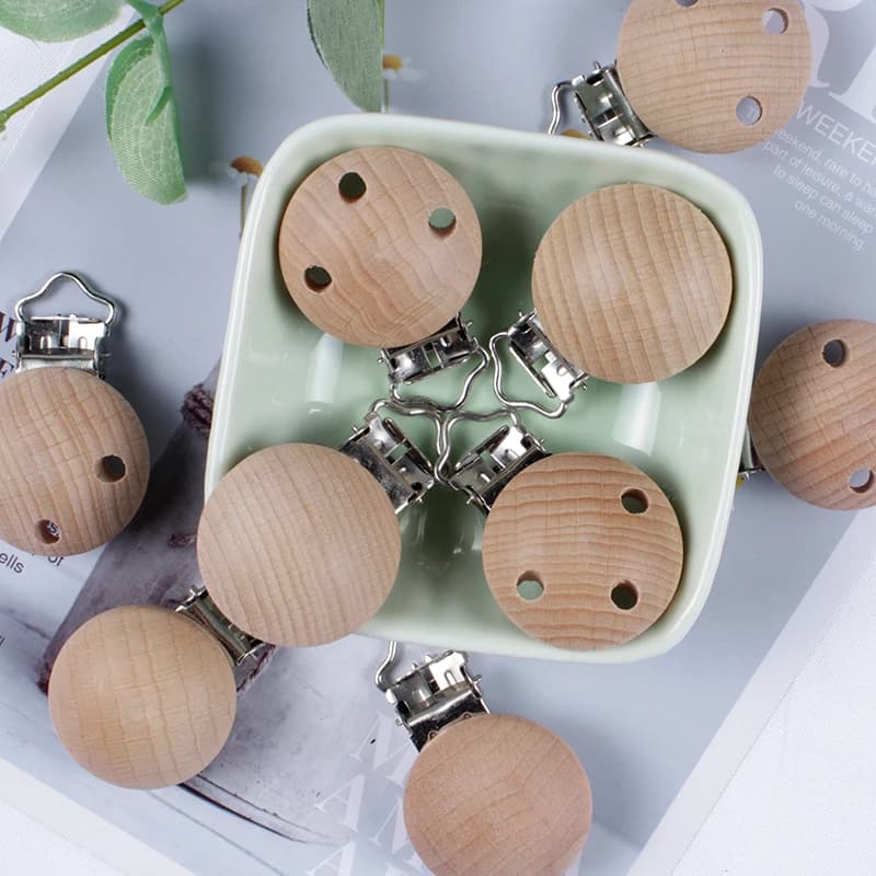 Attache-sucette en hêtre à croquer, 20 pièces, Clip de sucette en bois, chaînes factices pour bébé, 