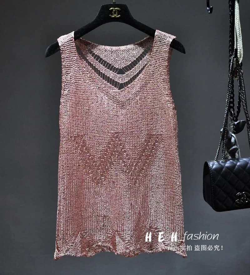 Paillettes Sexy évider soie légère Condole ceinture gilet or sans manches tricot manteau haut Mujer 