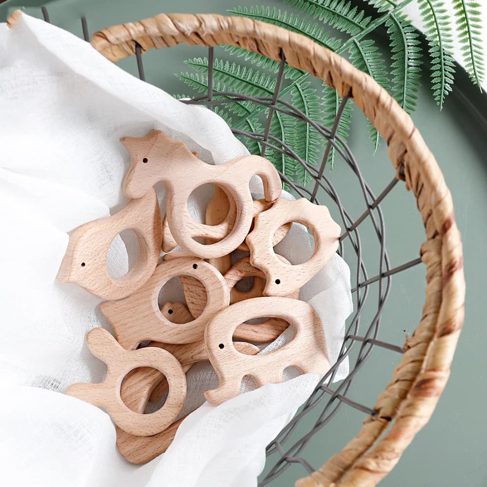 Lot d'anneaux de dentition en hêtre sculptés en forme d'animaux pour bébé,jouets pour enfant, penden