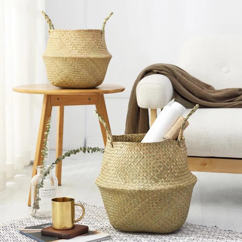 Mir de rangement tissé en jonc de mer WUNICEF, pot de fleurs de plantation pliable, panier à linge d