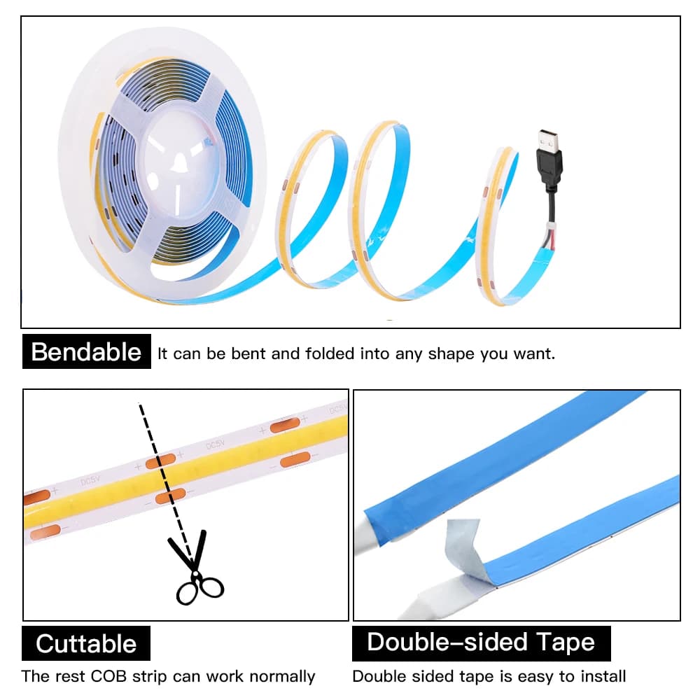 Bande lumineuse LED COB 5V 12V 24V, 320 diodes/m, haute densité RA90, Flexible, barre lumineuse, rub
