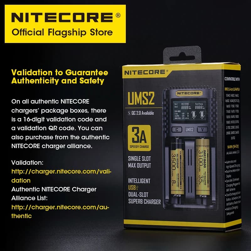 NITECORE UMS2 chargeur de batterie Intelligent USB-C à double emplacement prise de charge rapide QC 