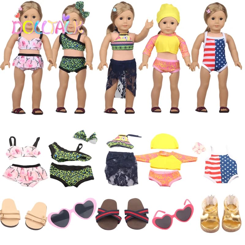 Nouveau maillot de bain solide poupée Bikini + lunettes de soleil maillot de bain sandales de plage 