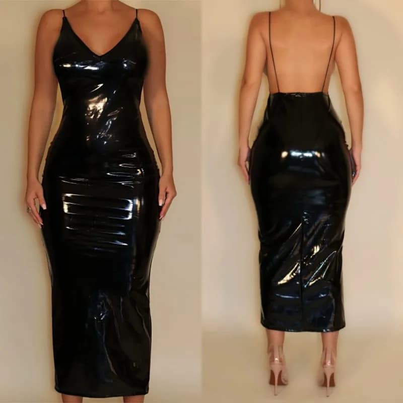 Robe de Soirée Sexy en Latex et Cuir pour Femme, Col en V, Bretelles Spaghetti, Dos aux, Personnalis