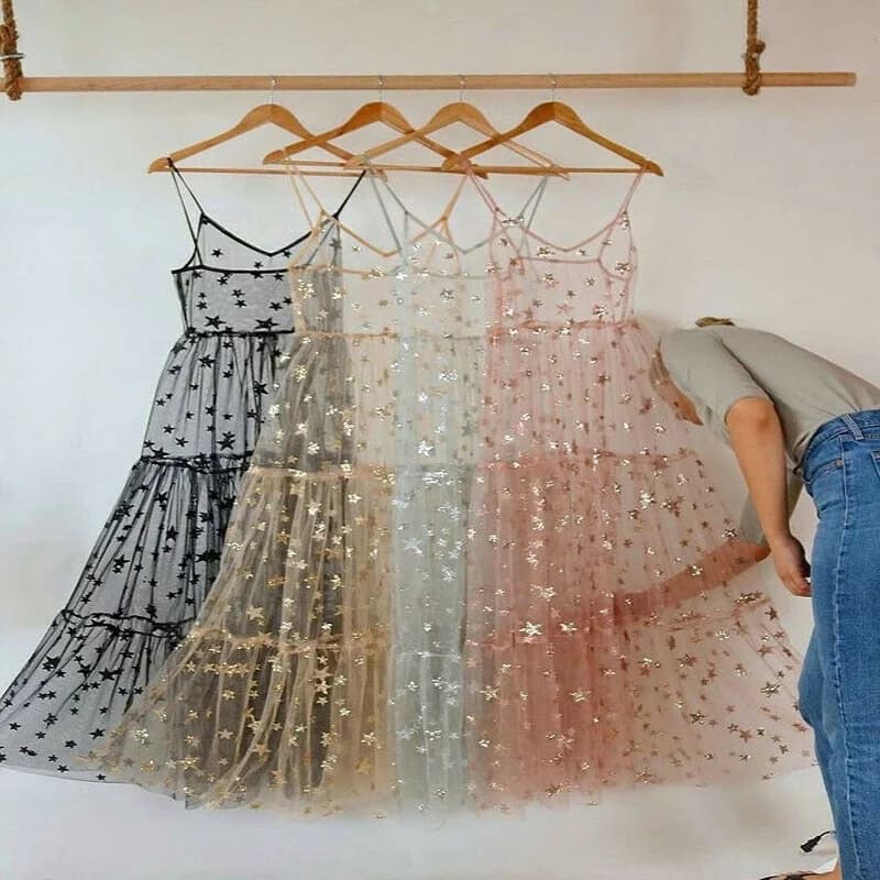 Robe longue en tulle pour femmes, bretelles spaghetti, transparente, douce, à la mode, bling bling, 