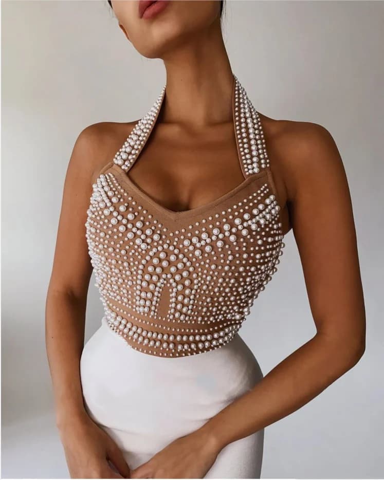 Top qualité haute rue blanc noir Sexy épaules dénudées sans manches perles brillant genou longueur r