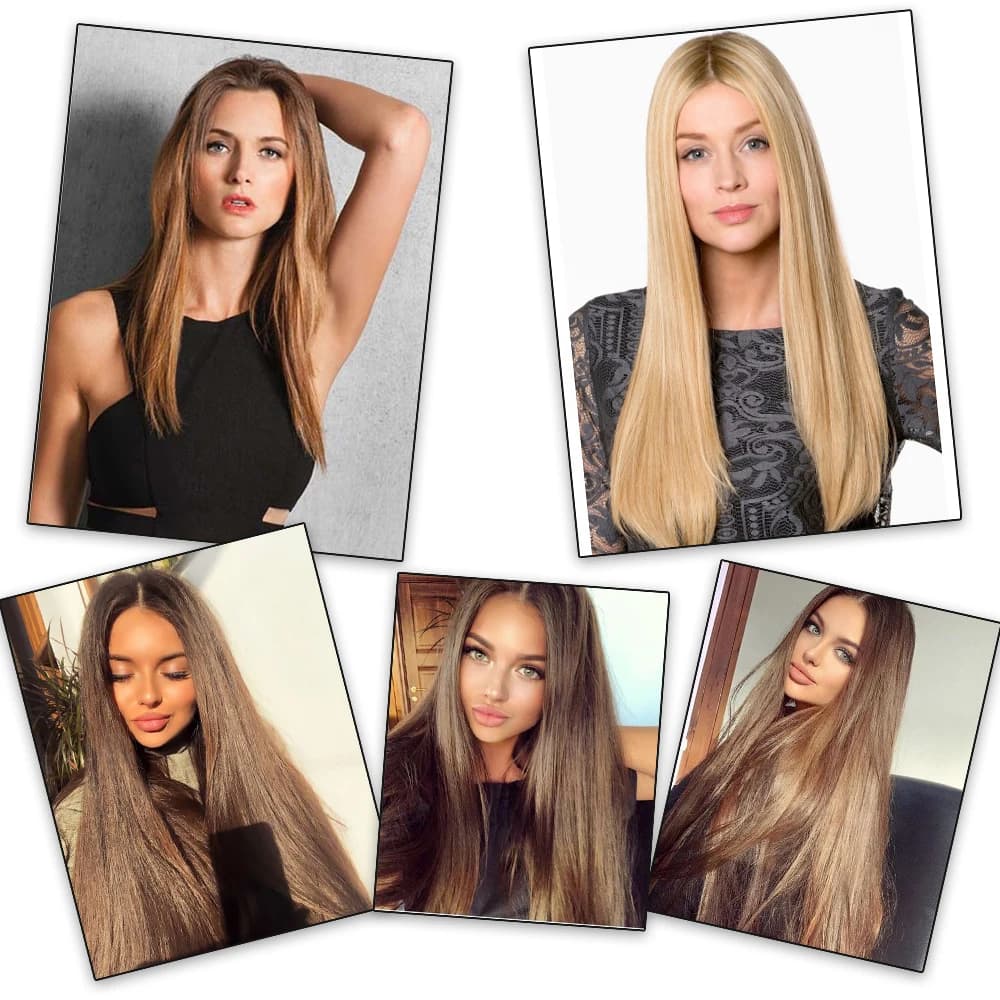 Extension capillaire synthétique longue et lisse à Clip, 5 Clips, faux cheveux blonds, bruns et noir
