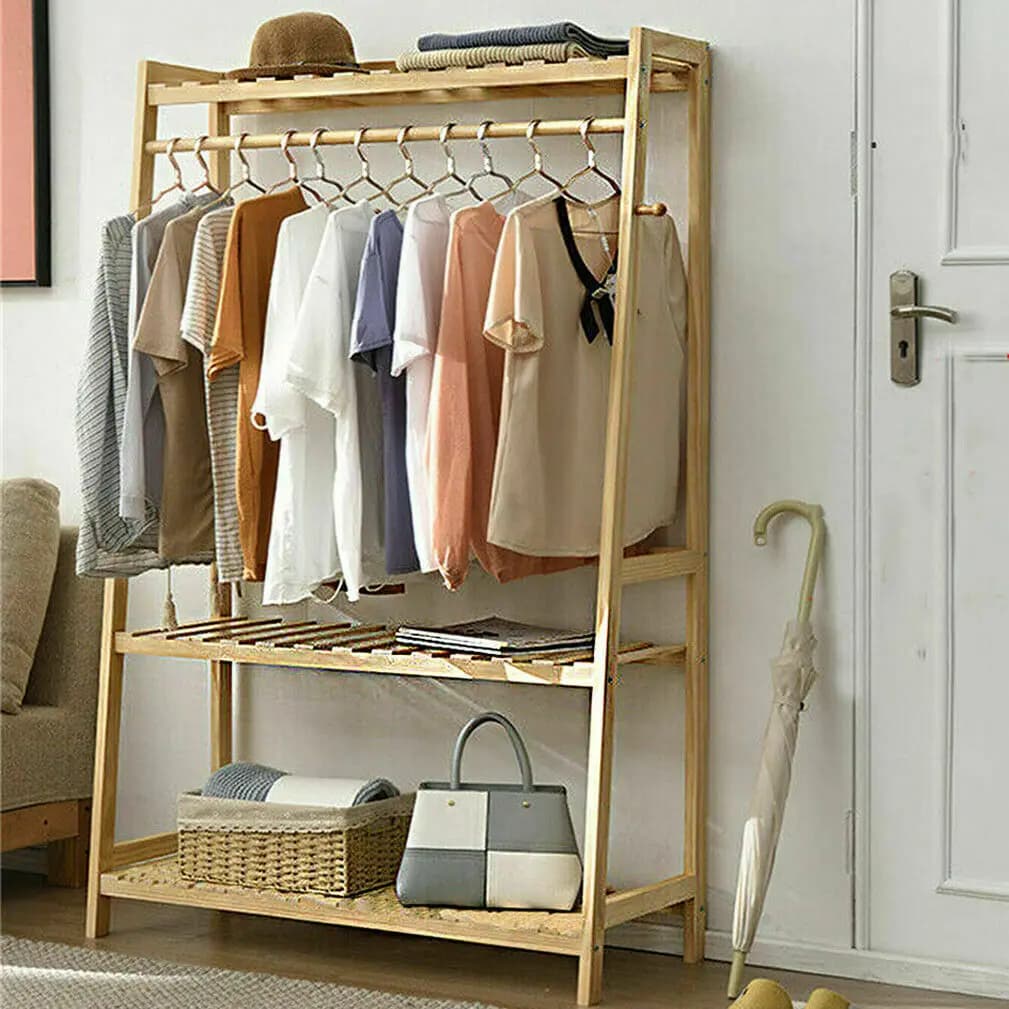 Étagères de rangement pour vêtements en bambou, manteau et vêtements, chaussures à 2 niveaux, assiet