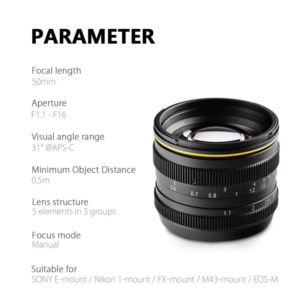 Kamlan 50mm f1.1APS-C objectif de mise au point manuelle à grande ouverture pour appareils photo san