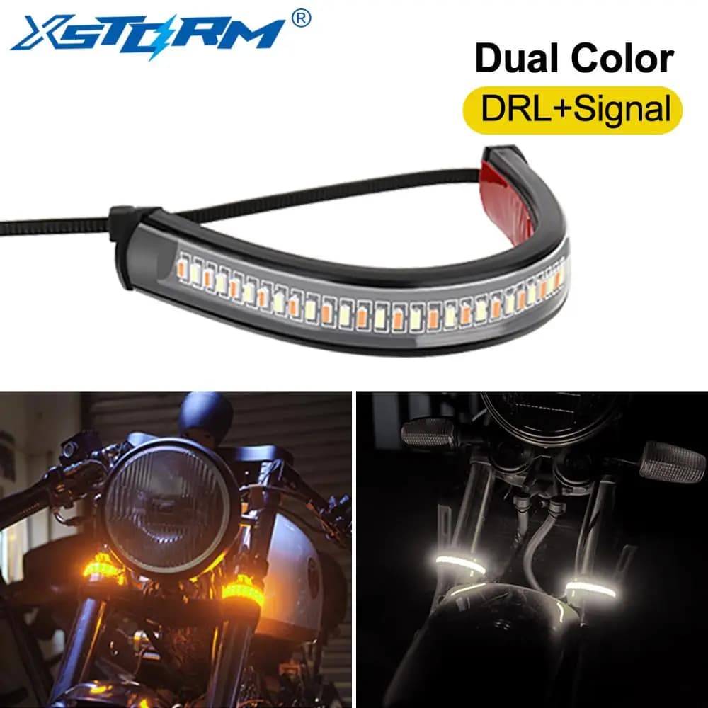 Clignotant LED Universel DRL pour Moto, Lumière Blanche Ambre, Bande, Fourche, 12V