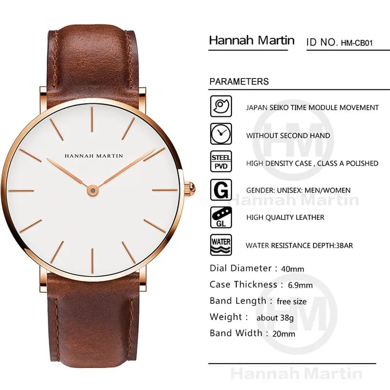 Hannah Martin marque mode japon montres à Quartz argent marron cuir hommes montre étanche robe montr
