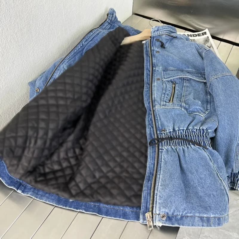 Veste en jean rembourrée mi-longue pour femme, style petit ami, taille élastique, col montant, sweat