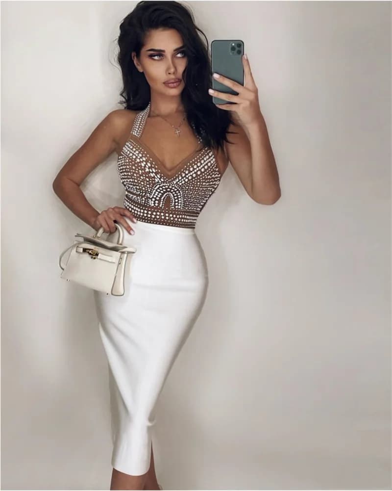 Robe de soirée de célébrité, haut de gamme, blanc, noir, Sexy, épaules dénudées, sans manches, perle