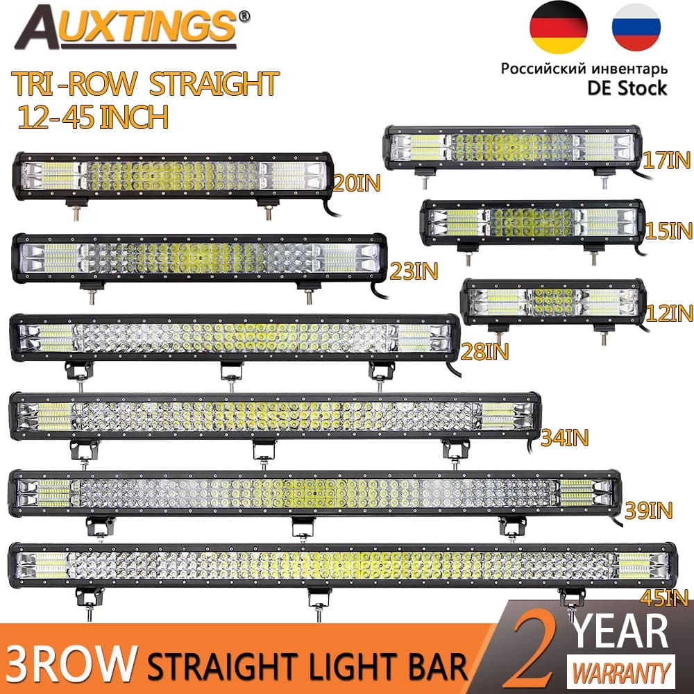 Auxtings 12-45 pouces 180W-612W Tri-Row 7D barre lumineuse LED tout-terrain barre LED Combo barre lu