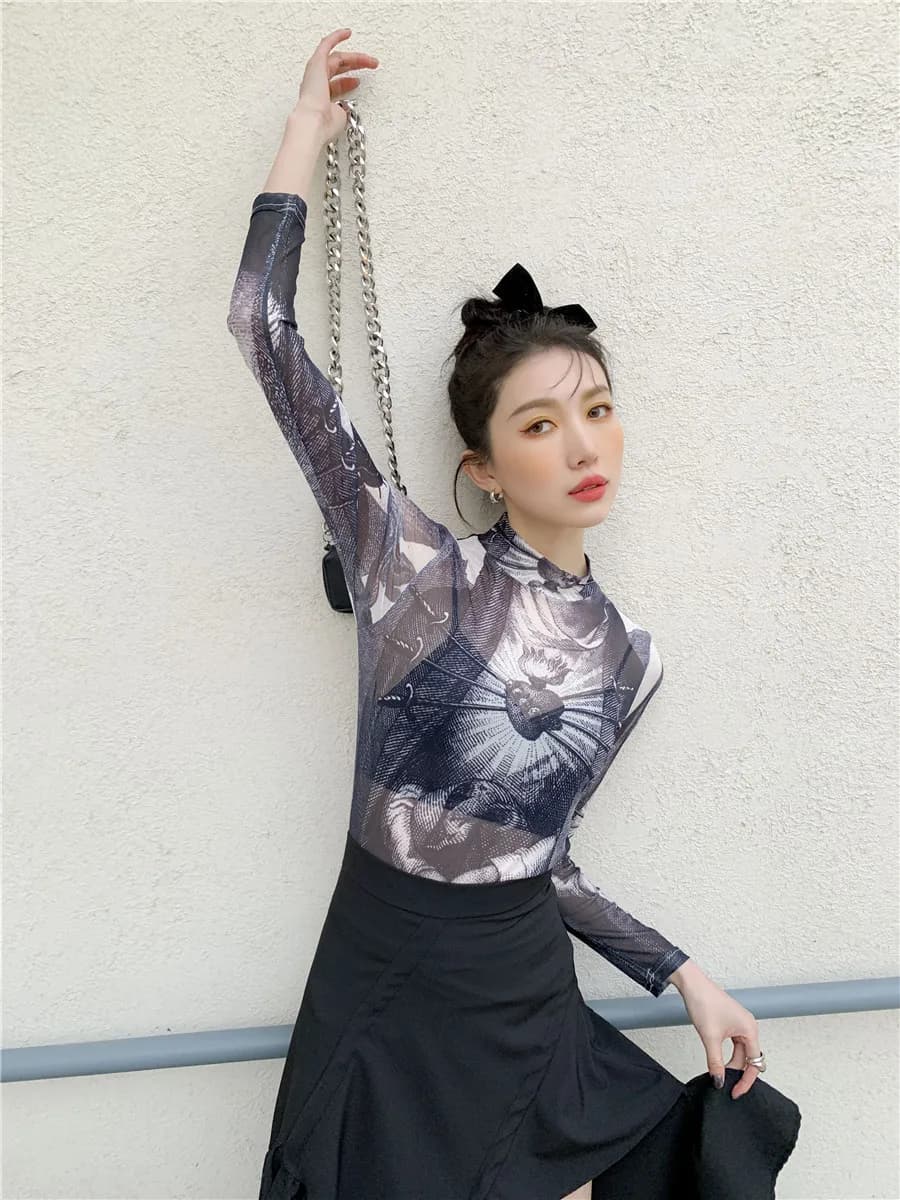 CHEERART Goth maille haut femmes tendance mode graphique t-shirts à manches longues col roulé voir à