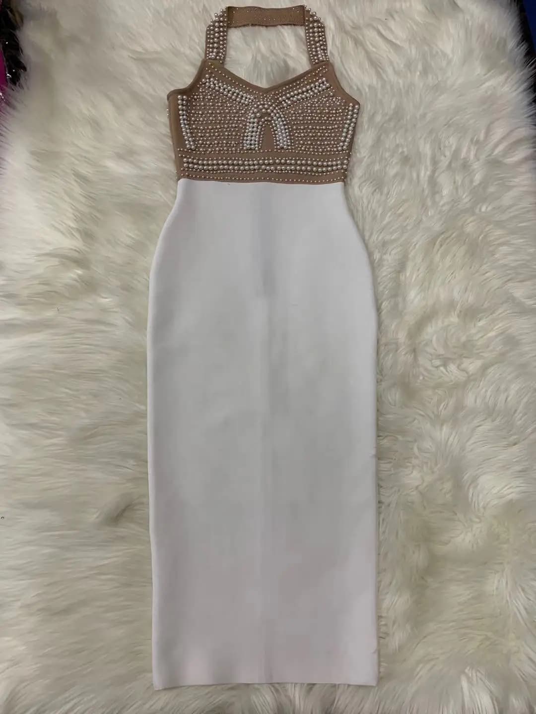 Top qualité haute rue blanc noir Sexy épaules dénudées sans manches perles brillant genou longueur r