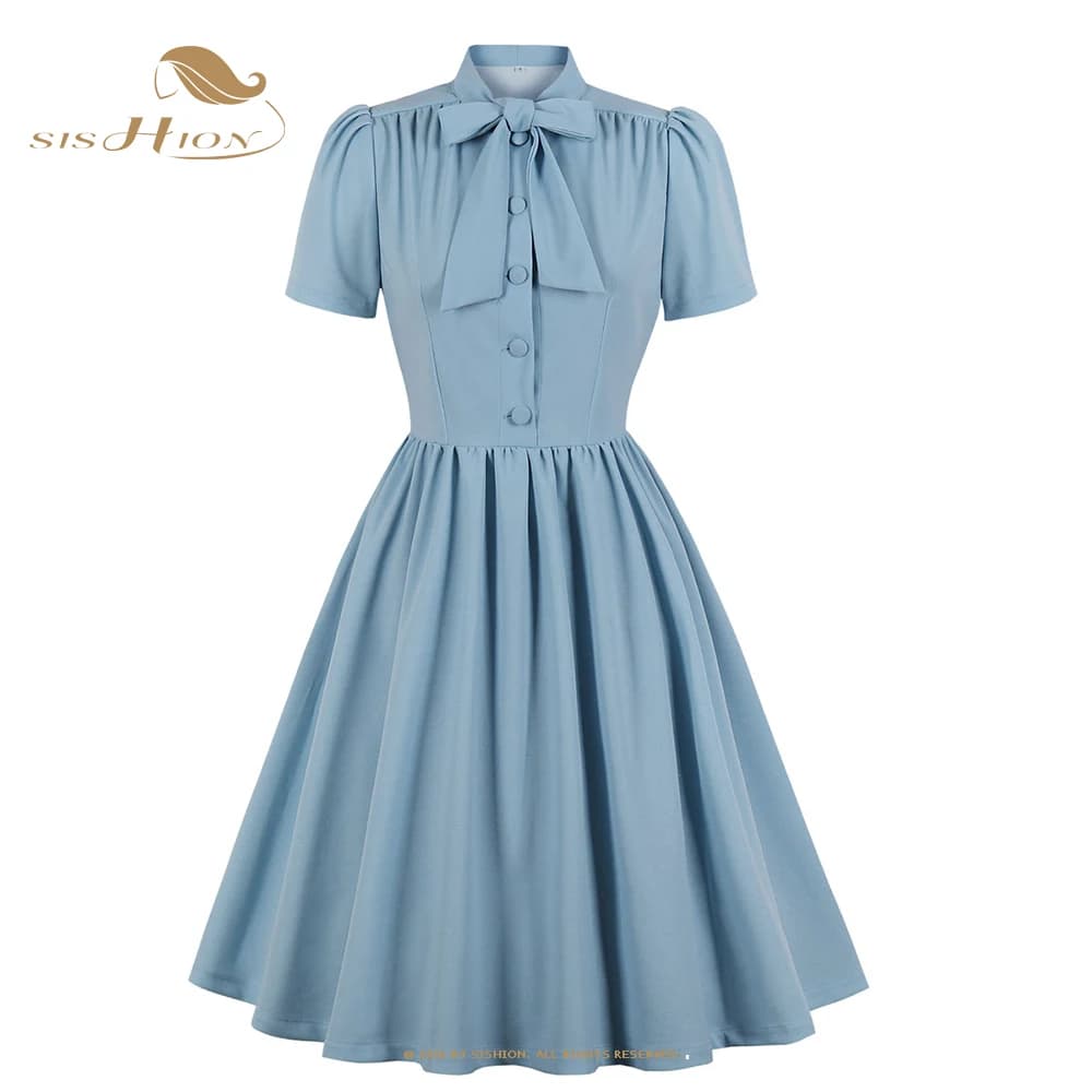 Robe plissée bleue 2025 style vintage avec nœud papillon, boutonnée, élégante pour femme, été, ceint