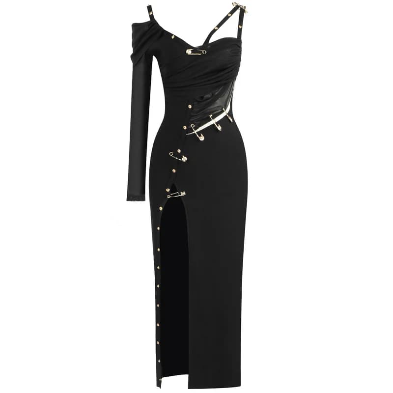 Robe longue noire à manches longues pour femmes, asymétrique épaule dénudée, fourchette ouverte, ray