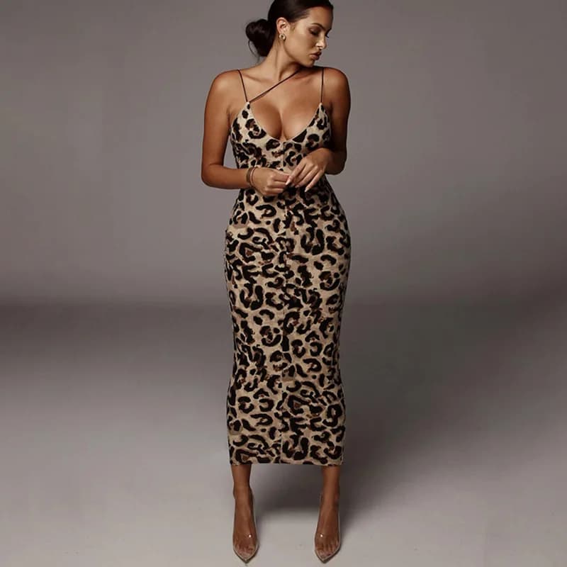 Robe mi-longue sexy à imprimé léopard pour femmes, sans manches, col en V, streetwear à la mode, ten