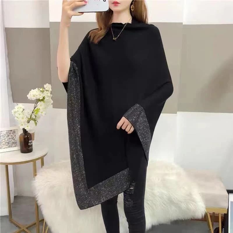 Nouvelle collection Printemps 2026 : Cape pull poncho en tricot de laine de luxe ornée de diamants, 