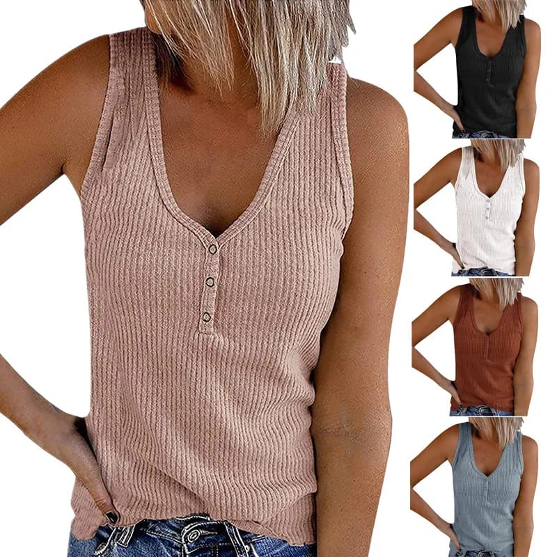 T-shirt col en V pour femme, estival et sexy, estival et décontracté, avec boutons, couleur unie