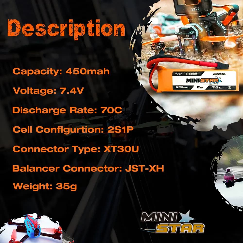 Batterie Lipo CNHL MiniStar 450mAh 7,4V 2S 70C avec XT30U 2 paquets