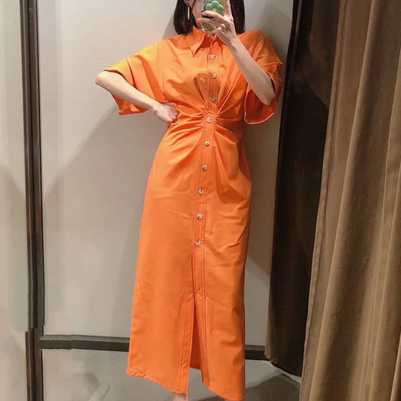 Robe Midi à boutons pour femmes, chemise Vintage, couleur unie, élégante, manches courtes, longue, d