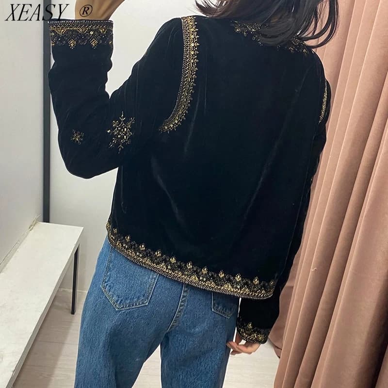 Veste Cardigan court en velours pour femmes, Style palais rétro, broderie de l'industrie lourde, pai