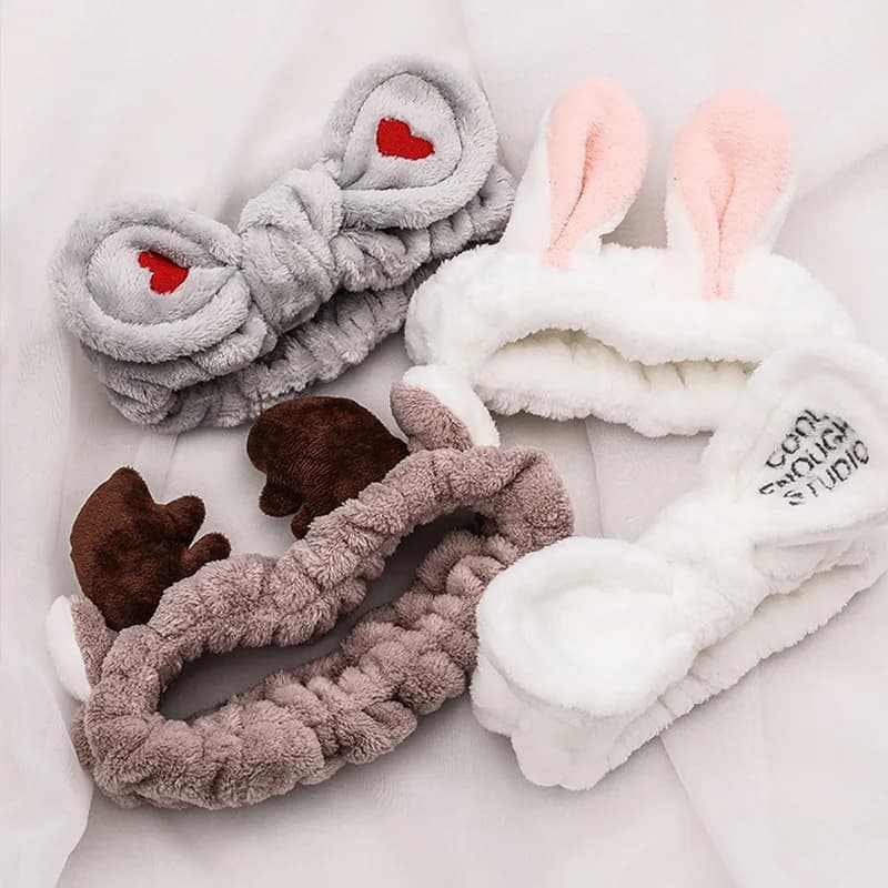 Bandeau en polaire corail doux et chaud avec nœud et oreilles d'animaux pour le lavage du visage, po