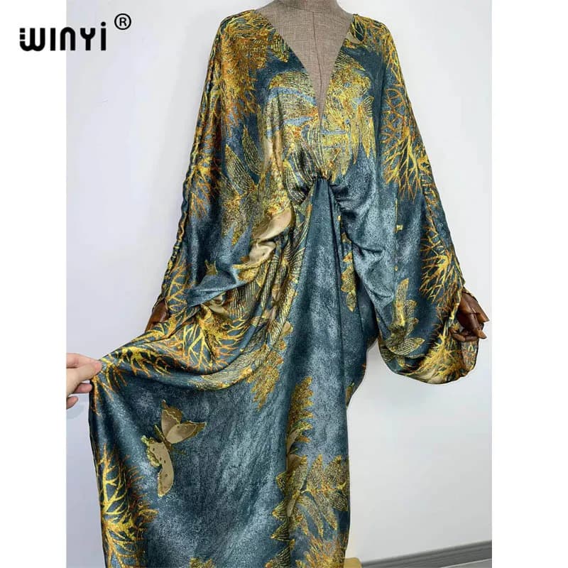 Col en v profond Sexy bech Europe été sensation de soie imprimé bohème 2022 WINYI Maxi femmes robes 