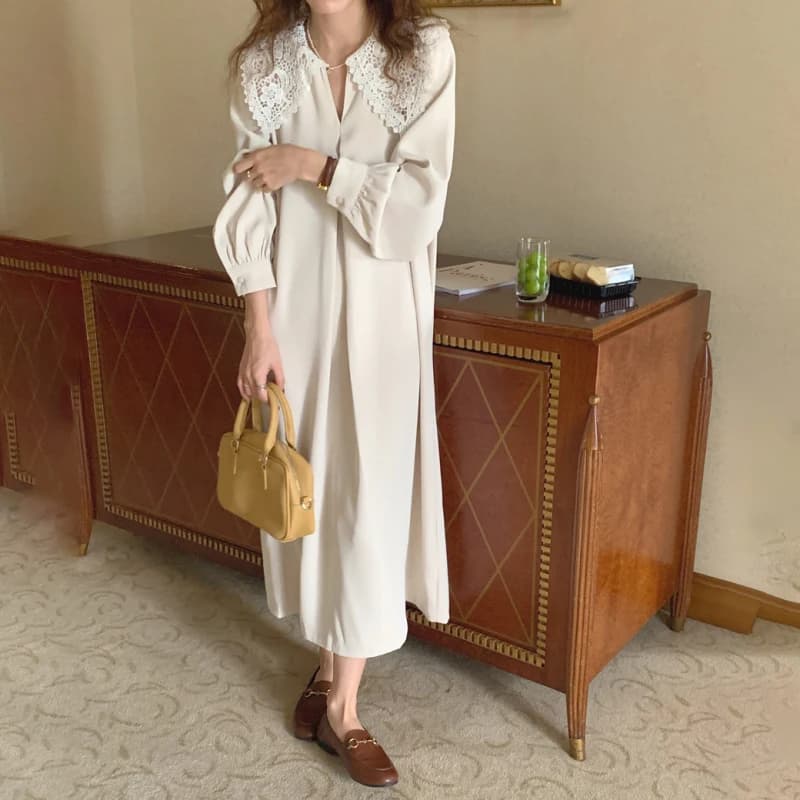Robe longue en dentelle beige pour femme, pull à manches longues, robes maxi, col en V, droite, femm