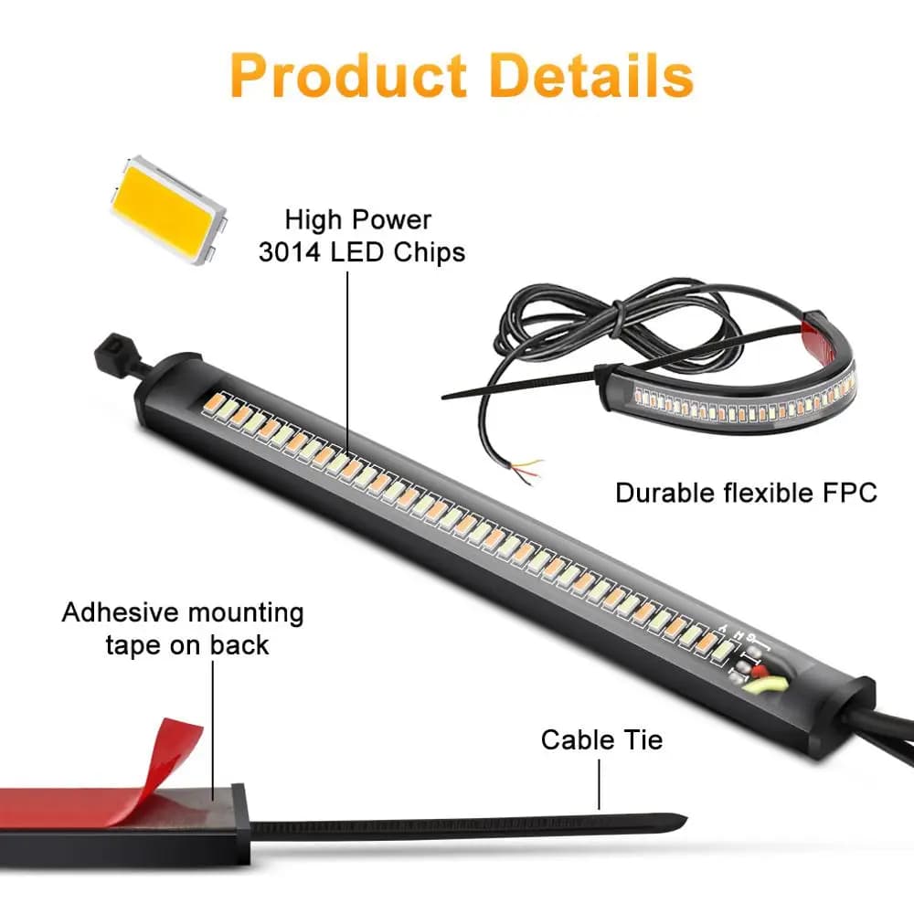 Clignotant LED Universel DRL pour Moto, Lumière Blanche Ambre, Bande, Fourche, 12V