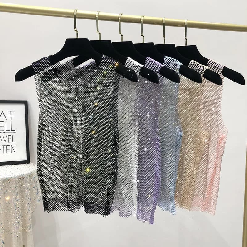 Débardeur brillant avec perles en cristal, camisole d'estampage, diamant évidé, sexy, club de fête