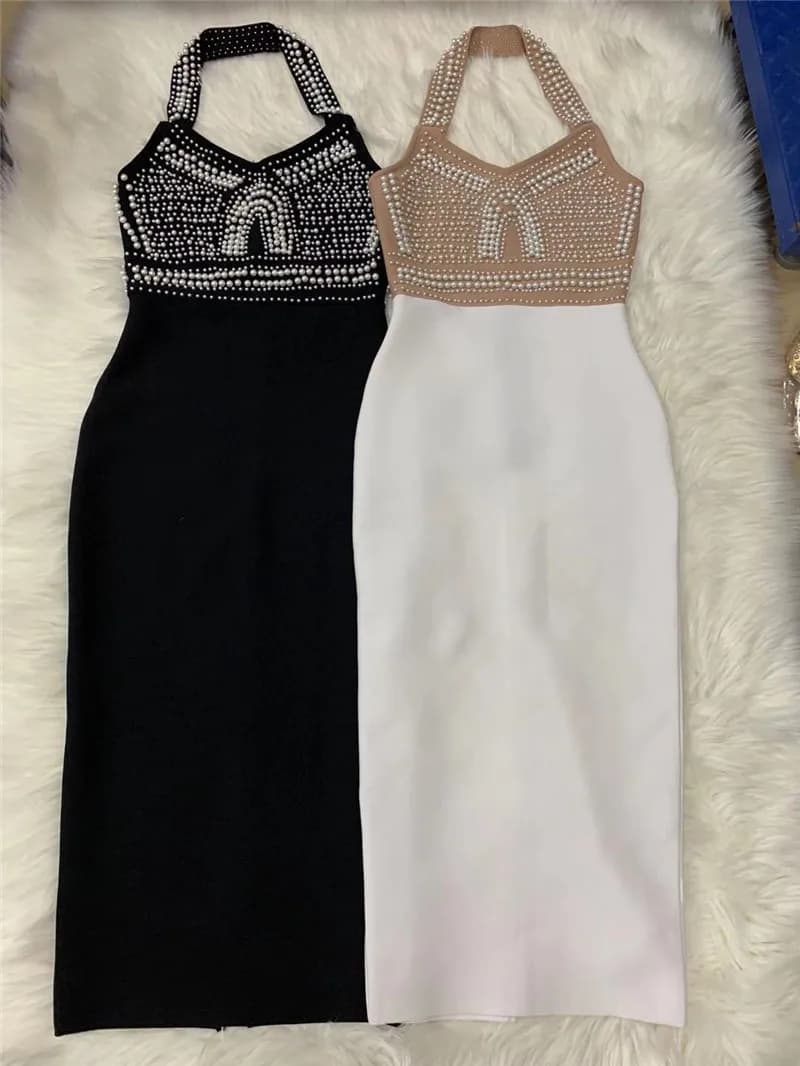 Robe de soirée de célébrité, haut de gamme, blanc, noir, Sexy, épaules dénudées, sans manches, perle