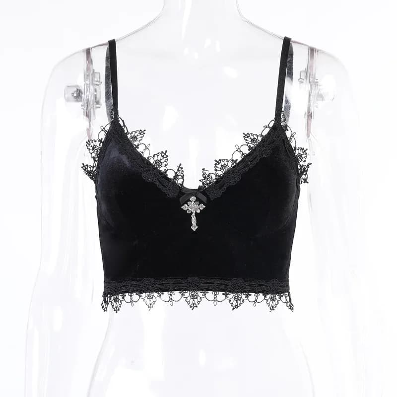 Hauts courts en velours pour femmes, garniture en dentelle noire, alternative Emo, hauts courts esth