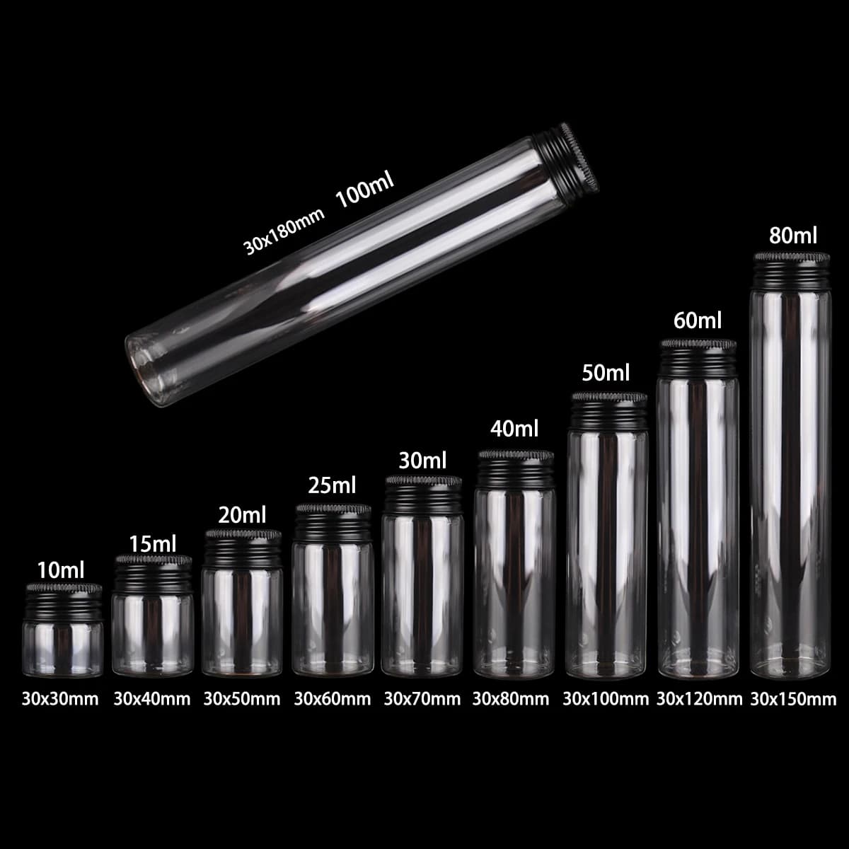 12 pièces/lot 10ml 15ml 20ml 25ml 30ml 40ml 50ml 60ml 80ml 100ml bouteilles en verre avec bouchons e