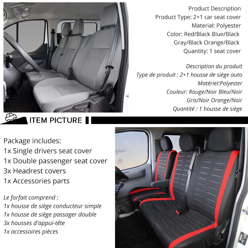 1 + 2 housses de siège rouges housse de siège de voiture pour transporteur pour Renault Master 3 pou