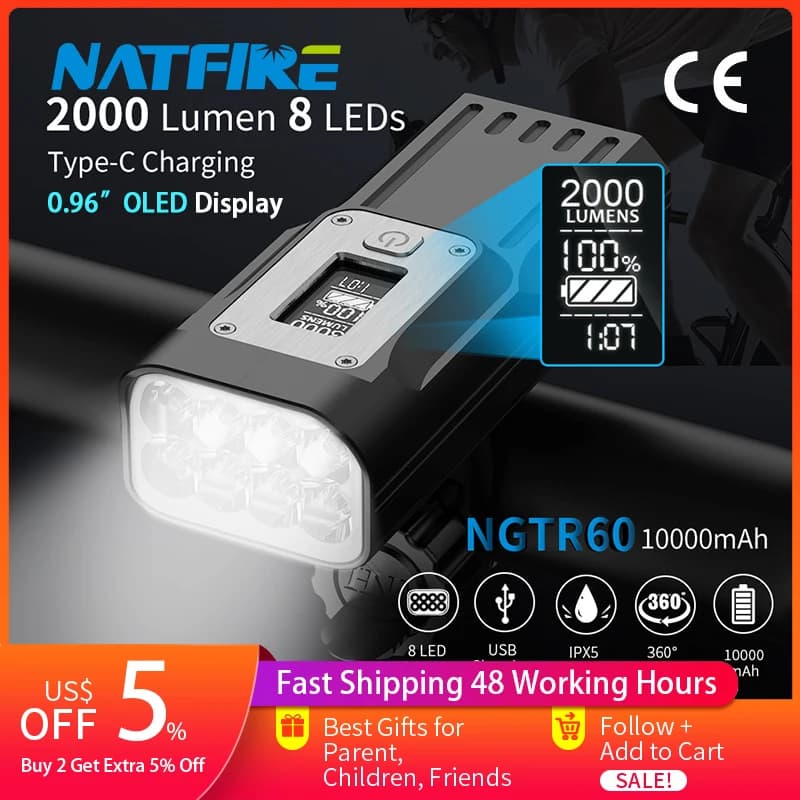 NATFIRE NGTR60 Lampe de vélo puissante avec affichage de données en temps réel OLED, phare de vélo r