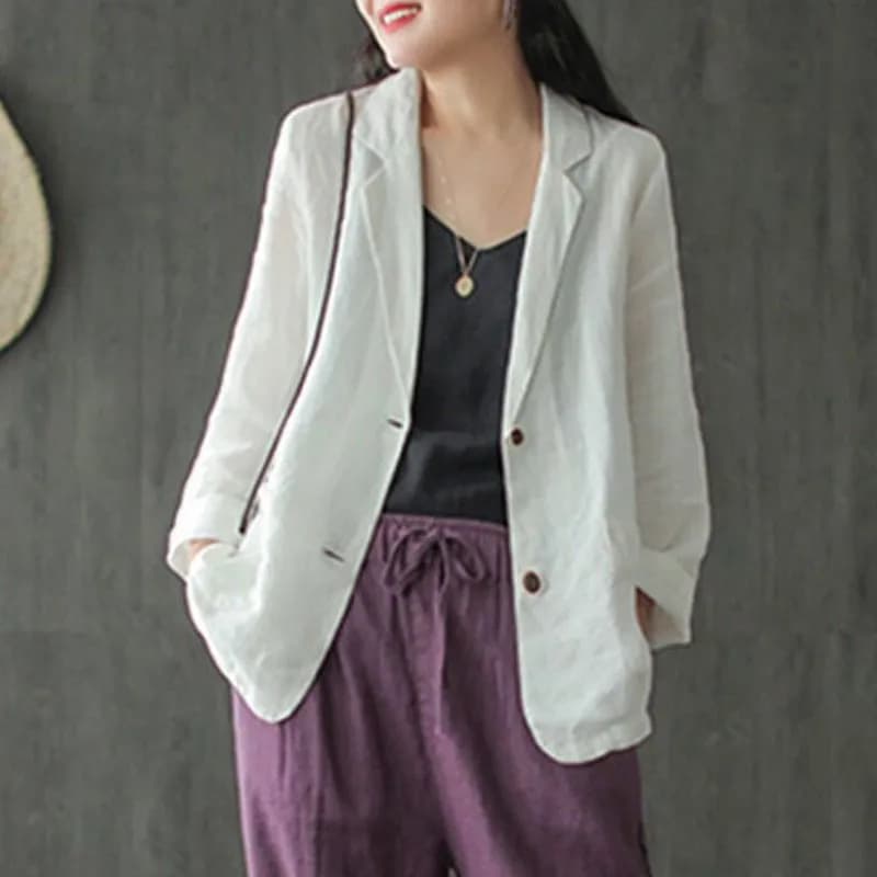Blazer décontracté en coton et lin pour femmes, vestes fines pour dames, style vintage, solide, docu
